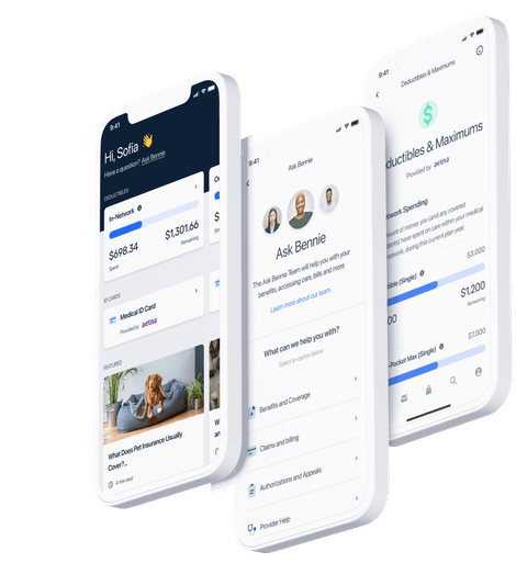 Three floating smartphone screens show a clean insurance app: a personalized dashboard, “Ask Bennie” support, and deductible and maximum details, conveying a calm, helpful tone.