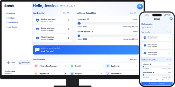 A clean health insurance dashboard on desktop and phone shows Jessica’s benefits, deductibles, provider search, and support options in blue and white.