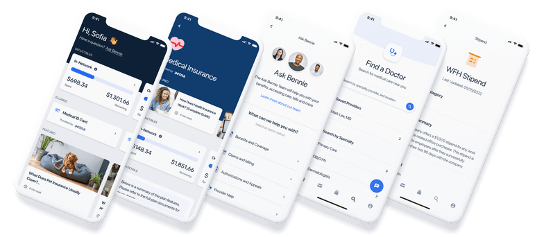 Five angled smartphone screens show a polished benefits app with an insurance card, policy details, virtual assistant, doctor search, and stipend information.